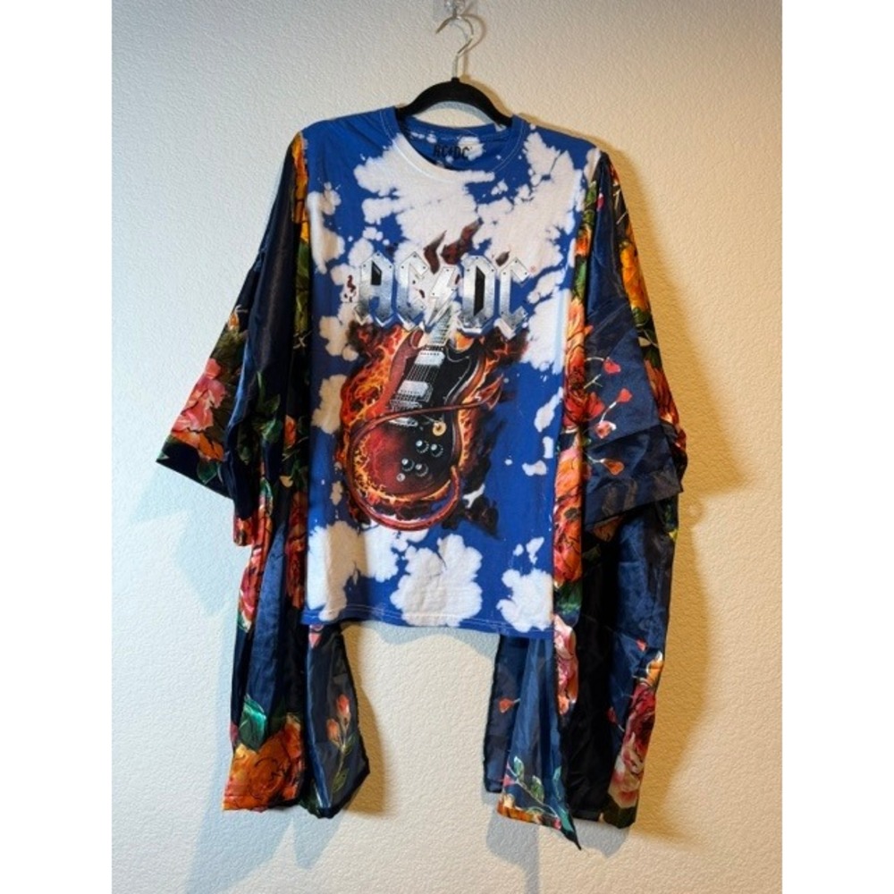 AC/DC Custom Tie Dye Upcycled Top with Floral Satin Kimono Sleeves Blue O/S